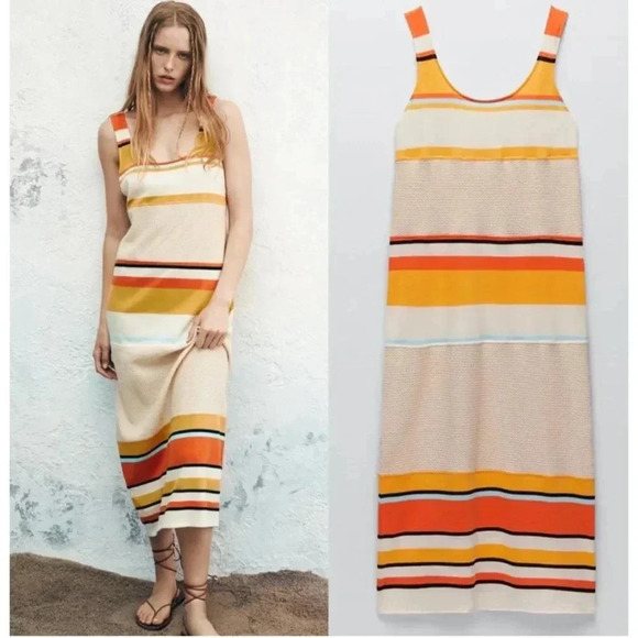Zara Womens Sleeveless Contrasting Midi Knit Dress Multicolors Sz M - Picture 1 of 11